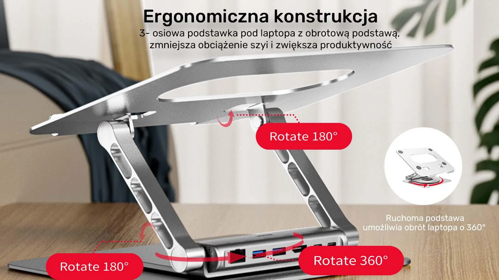 Unitek Podstawka pod laptop z odłączanym hubem USB-C HDMI 1,4, 4K PD 100W