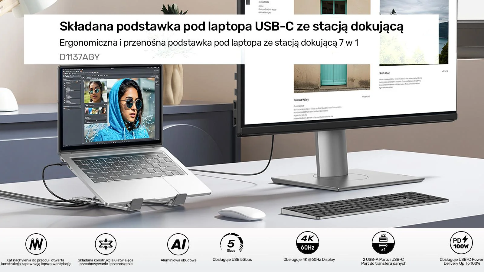 Unitek Podstawka regulowana pod laptop z hubem/HDMI/PD/SD