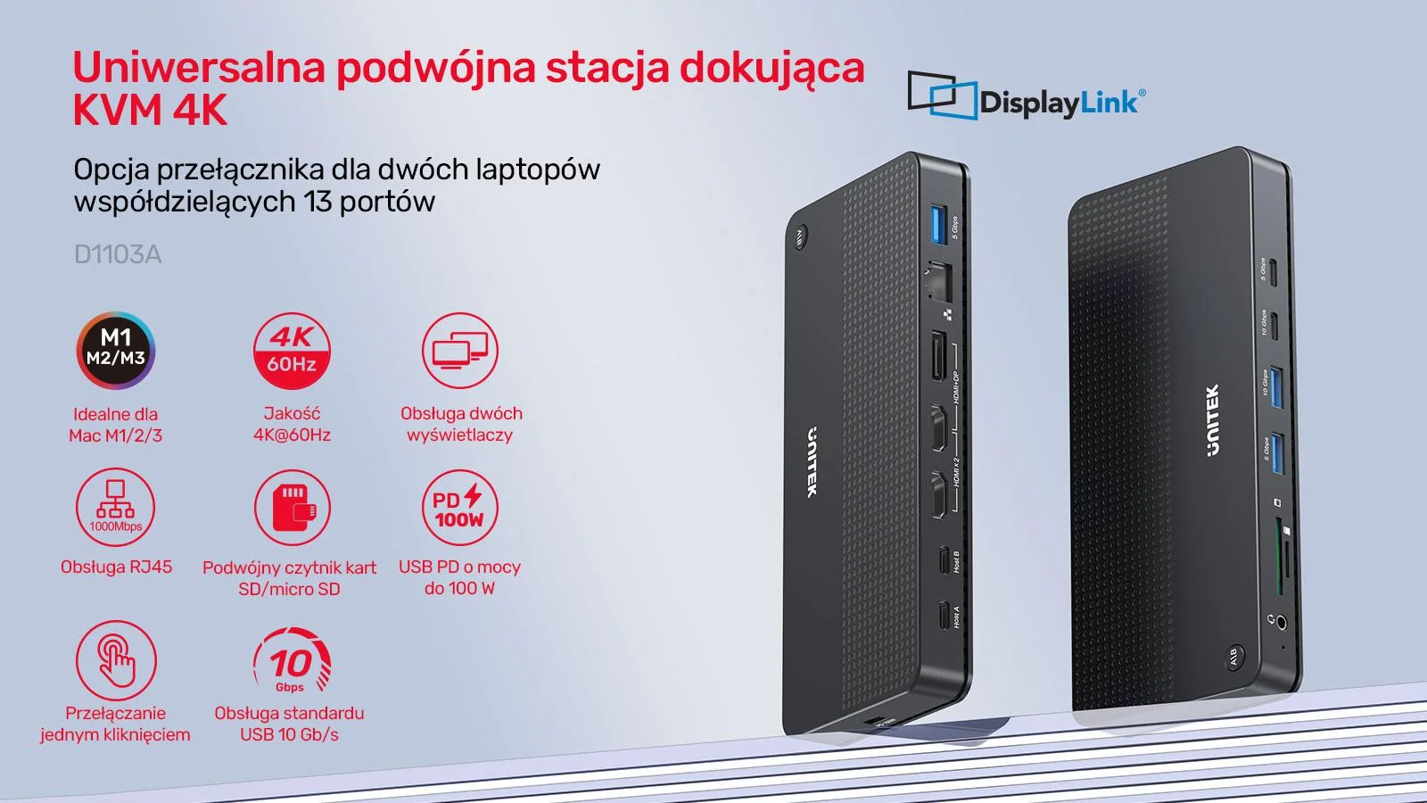 Unitek Przełącznik KVM 2 komputery 2 monitory 4K D1103A01