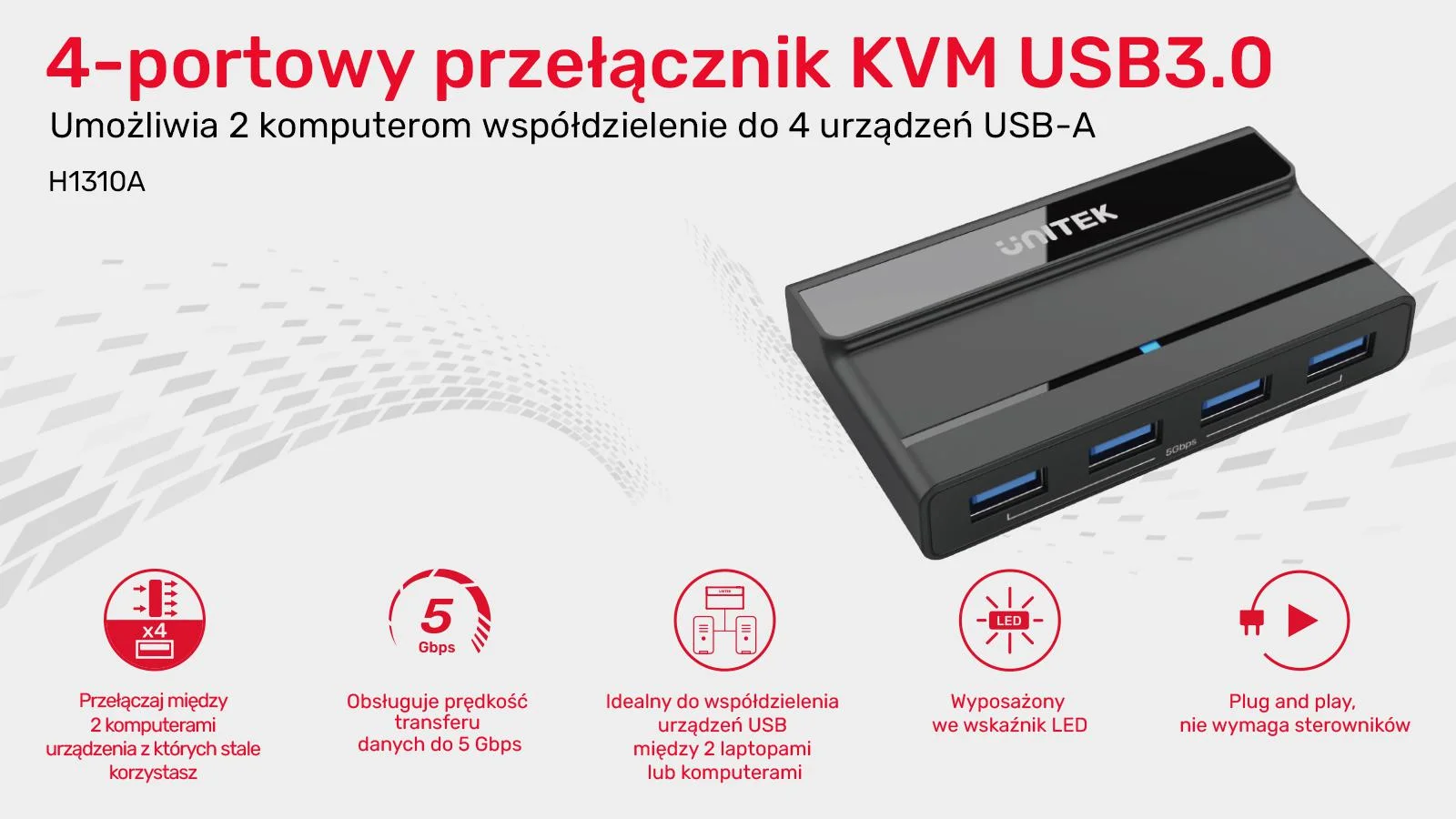 Unitek Przełącznik KVM 4x USB-A 5Gbps aktywny H1310A