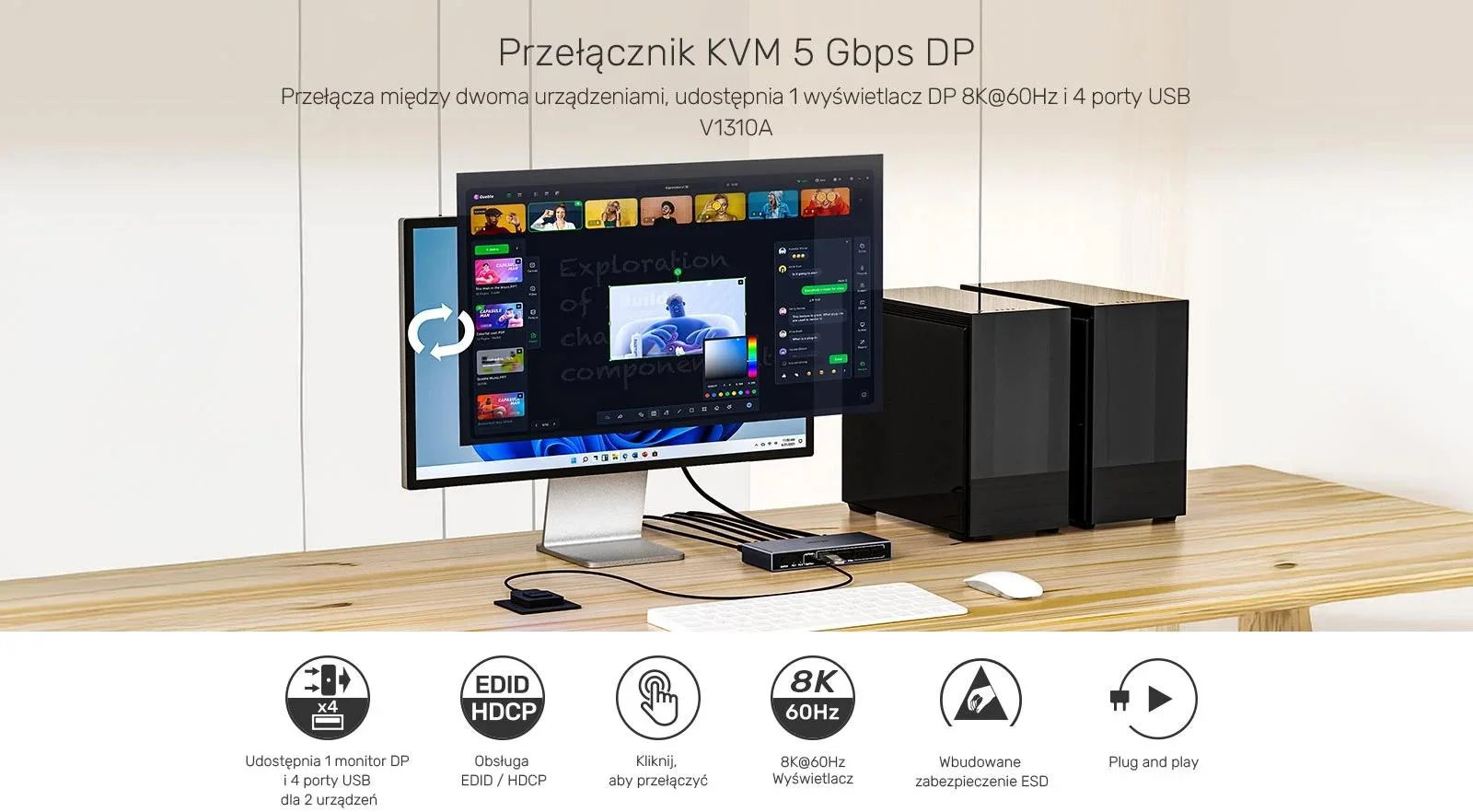 Unitek Przełącznik KVM 8K@60Hz USB 3.0 5Gbps DP