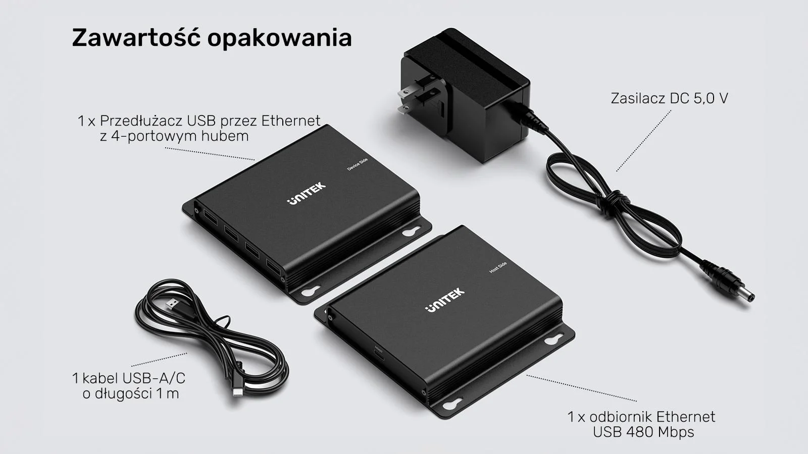 Unitek Przedłużacz USB-C na 4× USB-A przez Ethernet, zasięg do 150 m 480Mbps