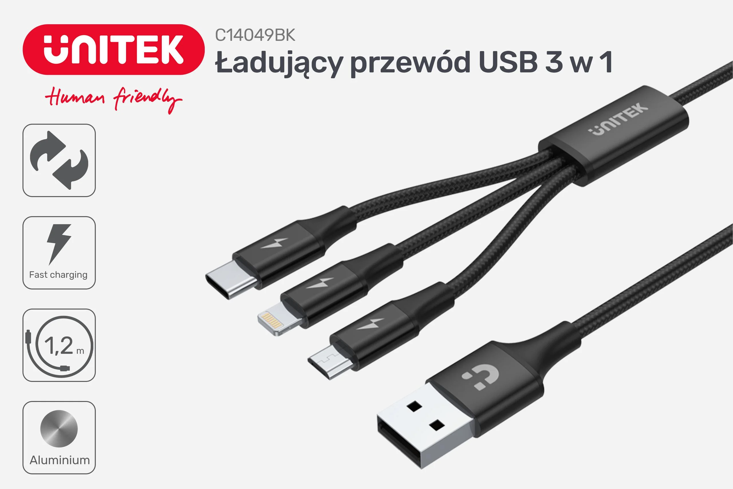 Unitek przewód ładujący USB 3 w 1 czarny