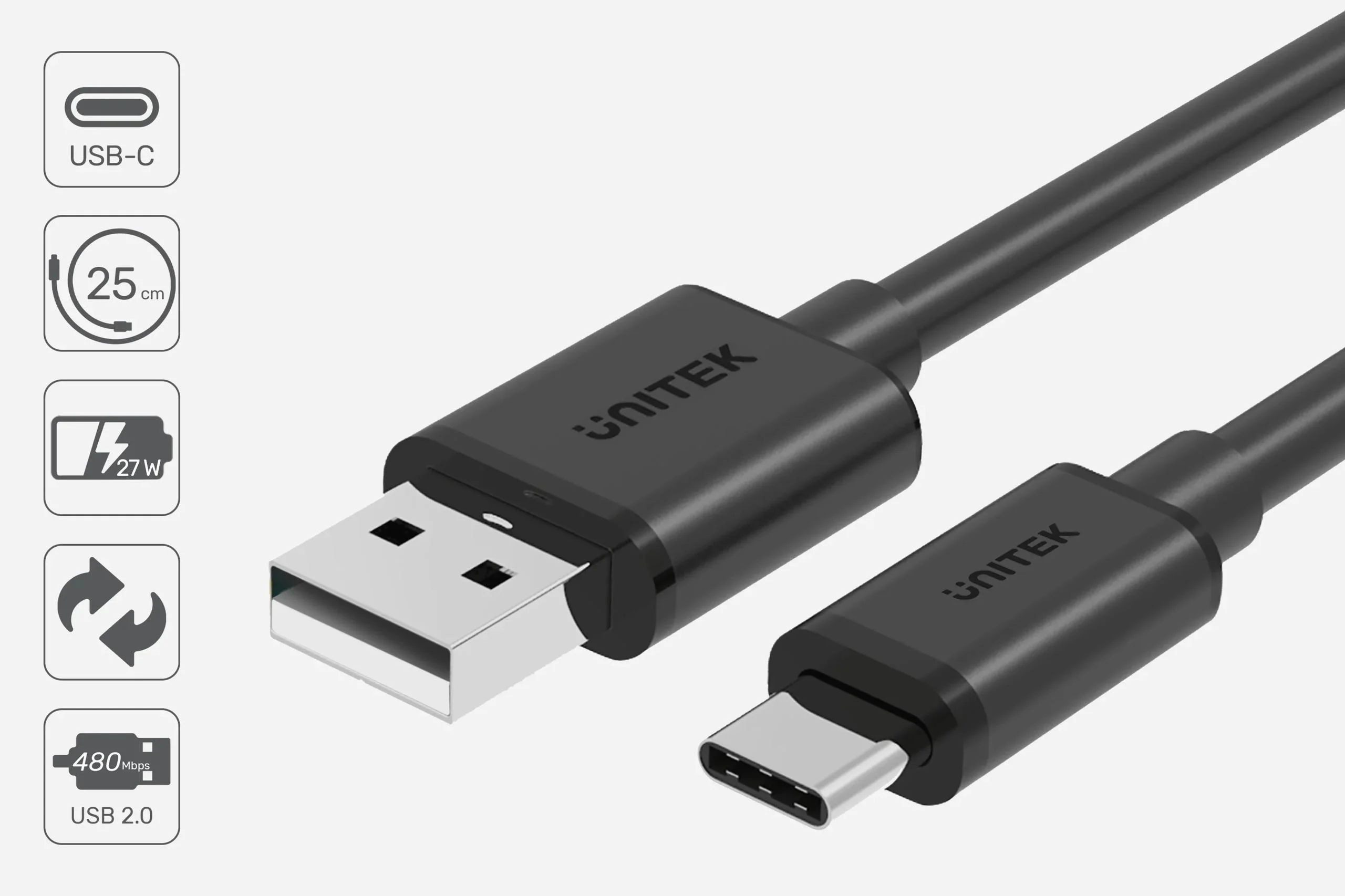 Unitek przewód USB-A - USB-C krótki 25cm Y-C480BK