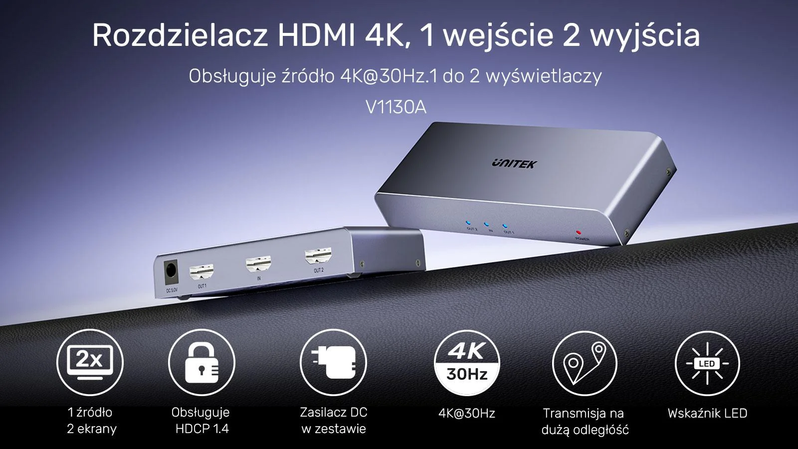 Unitek Rozgałęźnik sygnału HDMI 1 IN-2 OUT 4K