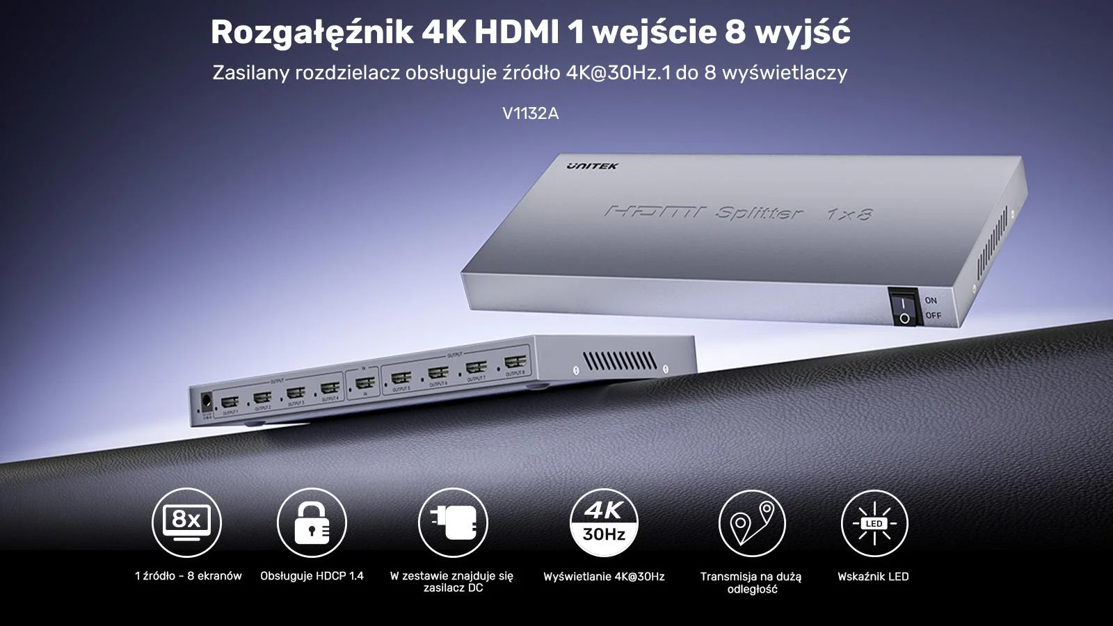 Unitek Rozgałęźnik sygnału HDMI 1 IN-8 OUT 4K