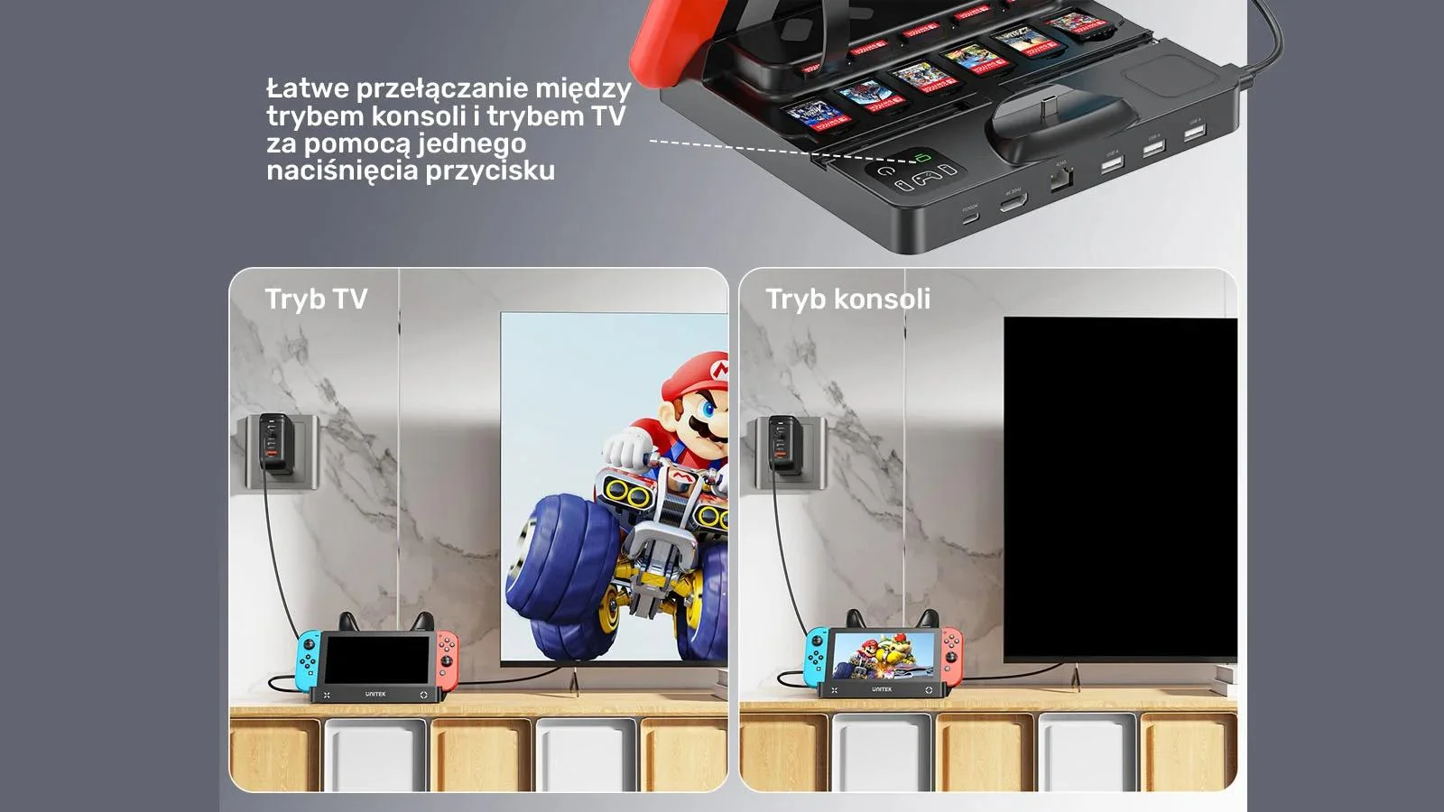Unitek stacja ładująca Switch z przełącznikiem i czytnikiem kart do gier
