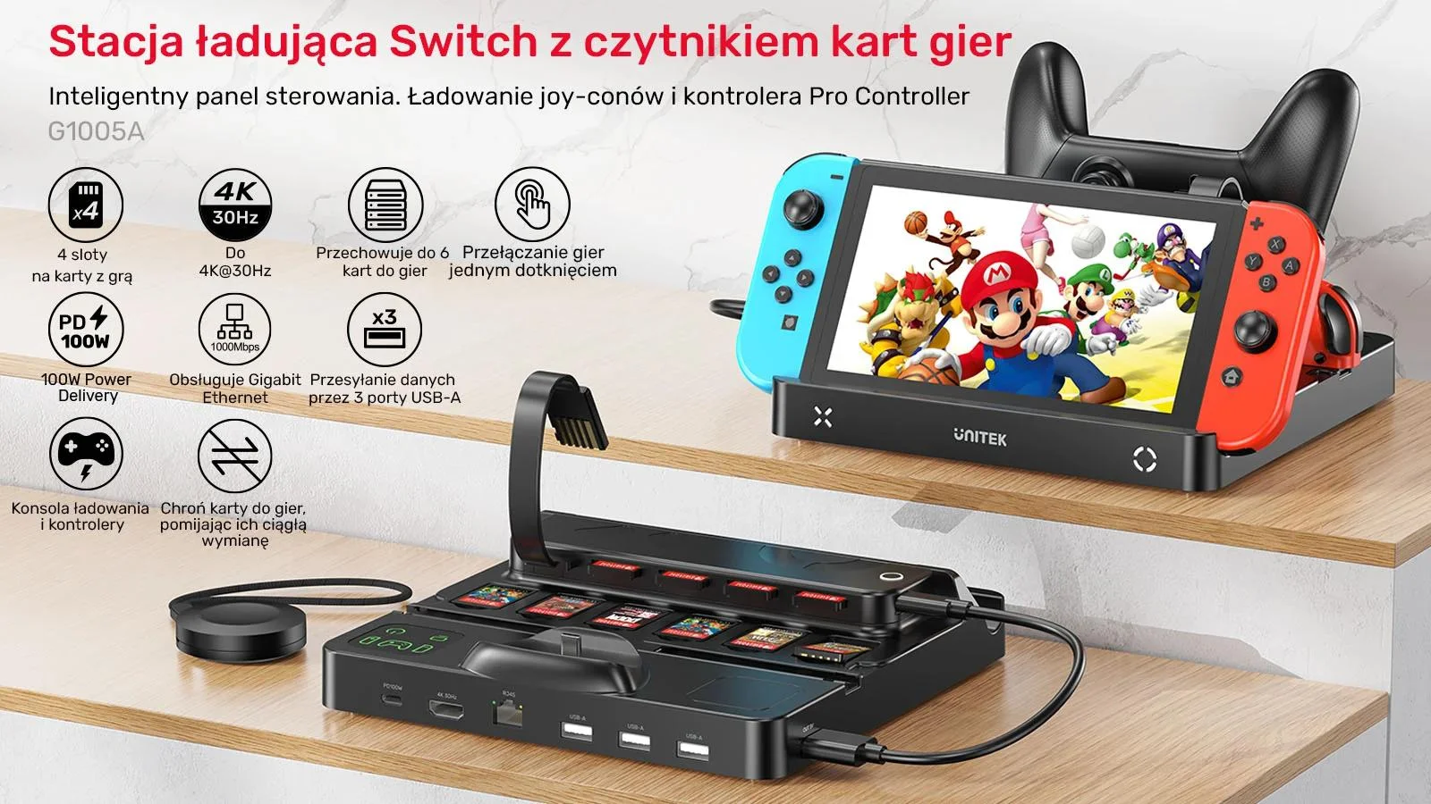 Unitek stacja ładująca Switch z przełącznikiem i czytnikiem kart do gier