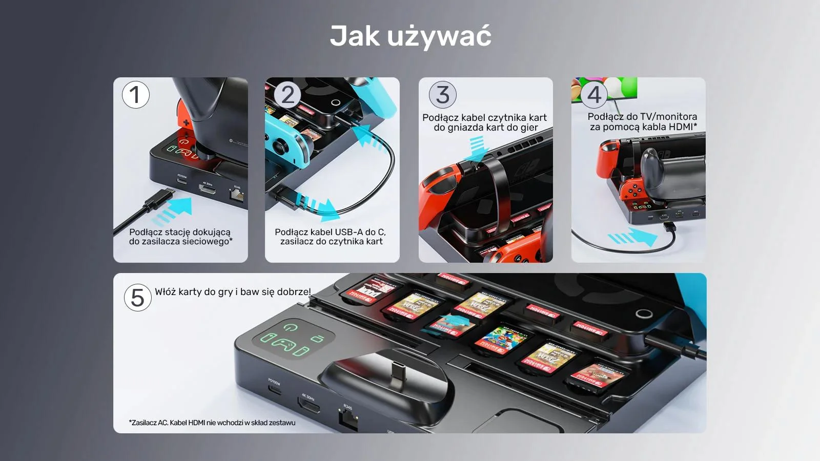 Unitek stacja ładująca Switch z przełącznikiem i czytnikiem kart do gier
