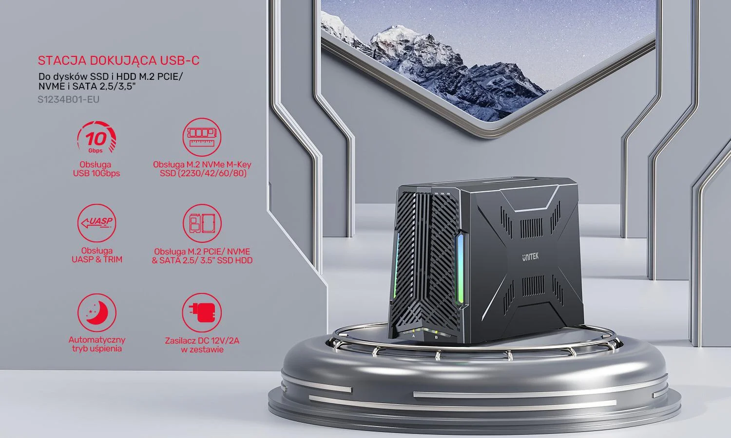 Unitek Stacja dokująca, 1x dysk M.2 NVMe, 1x dysk SATA, USB-C 10 Gbps S1234B01-EU
