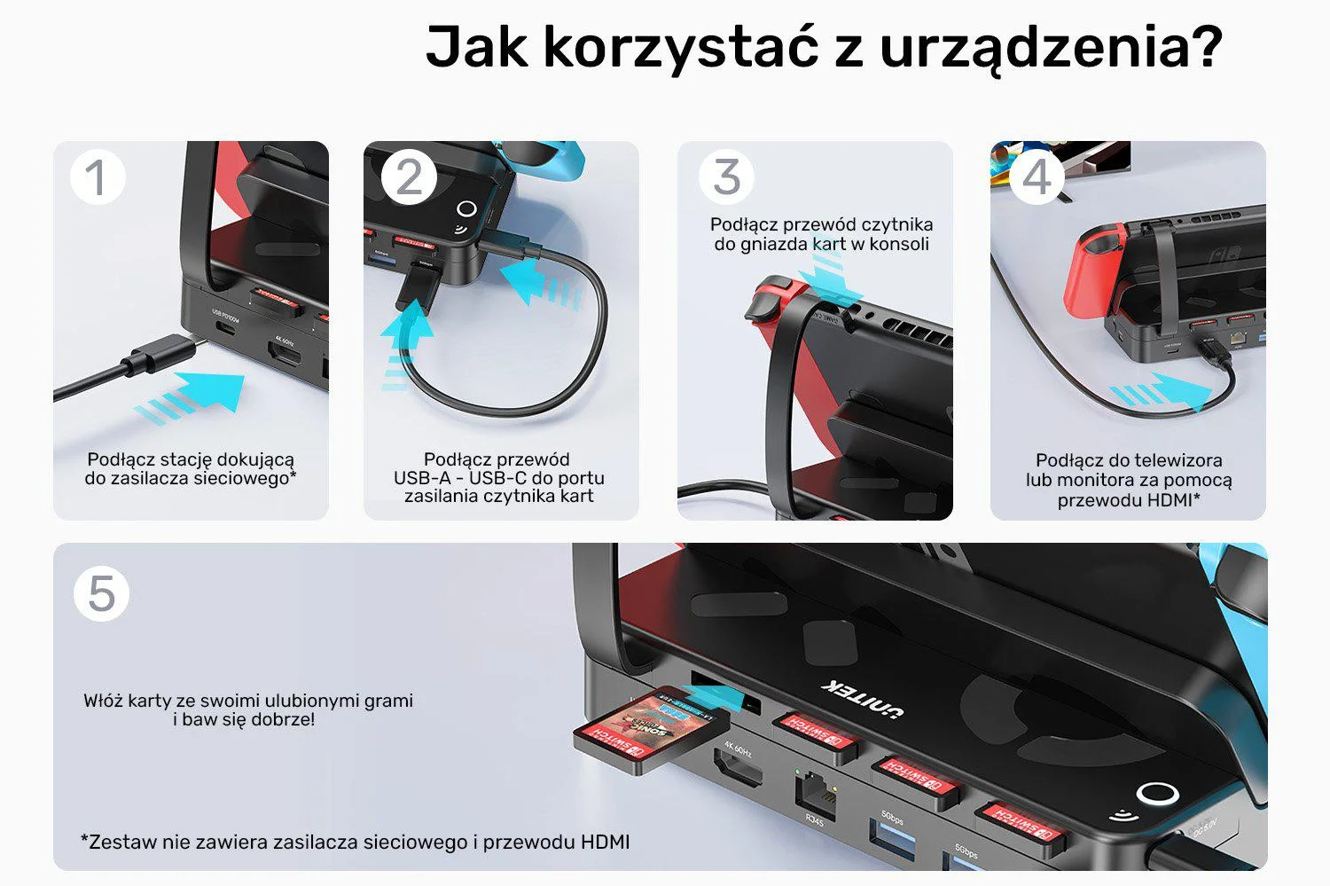 Unitek Stacja dokująca do Nintendo Switch, PD 100W, HDMI 4K, RJ-45, czytnik kart