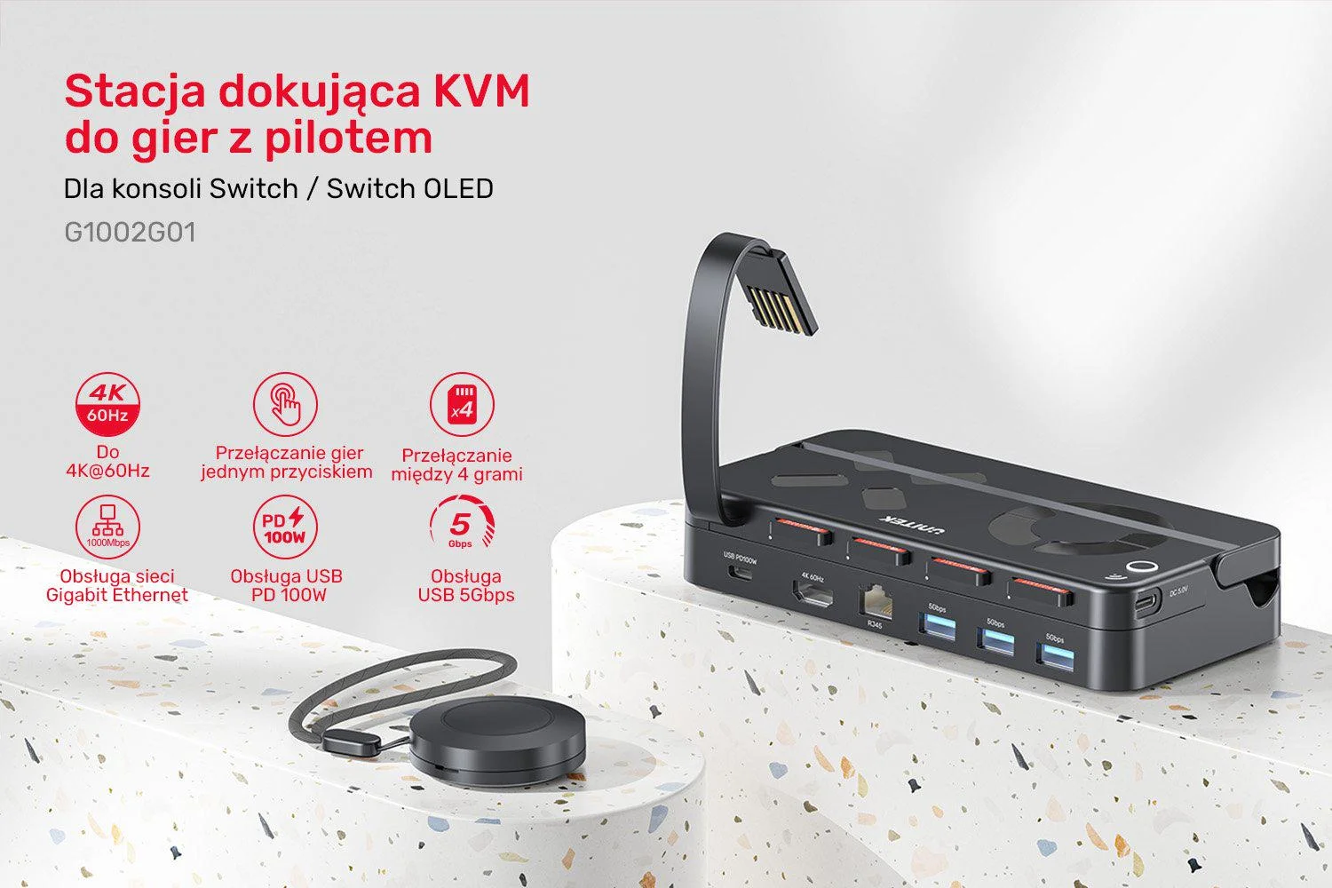 Unitek Stacja dokująca do Nintendo Switch, PD 100W, HDMI 4K, RJ-45, czytnik kart