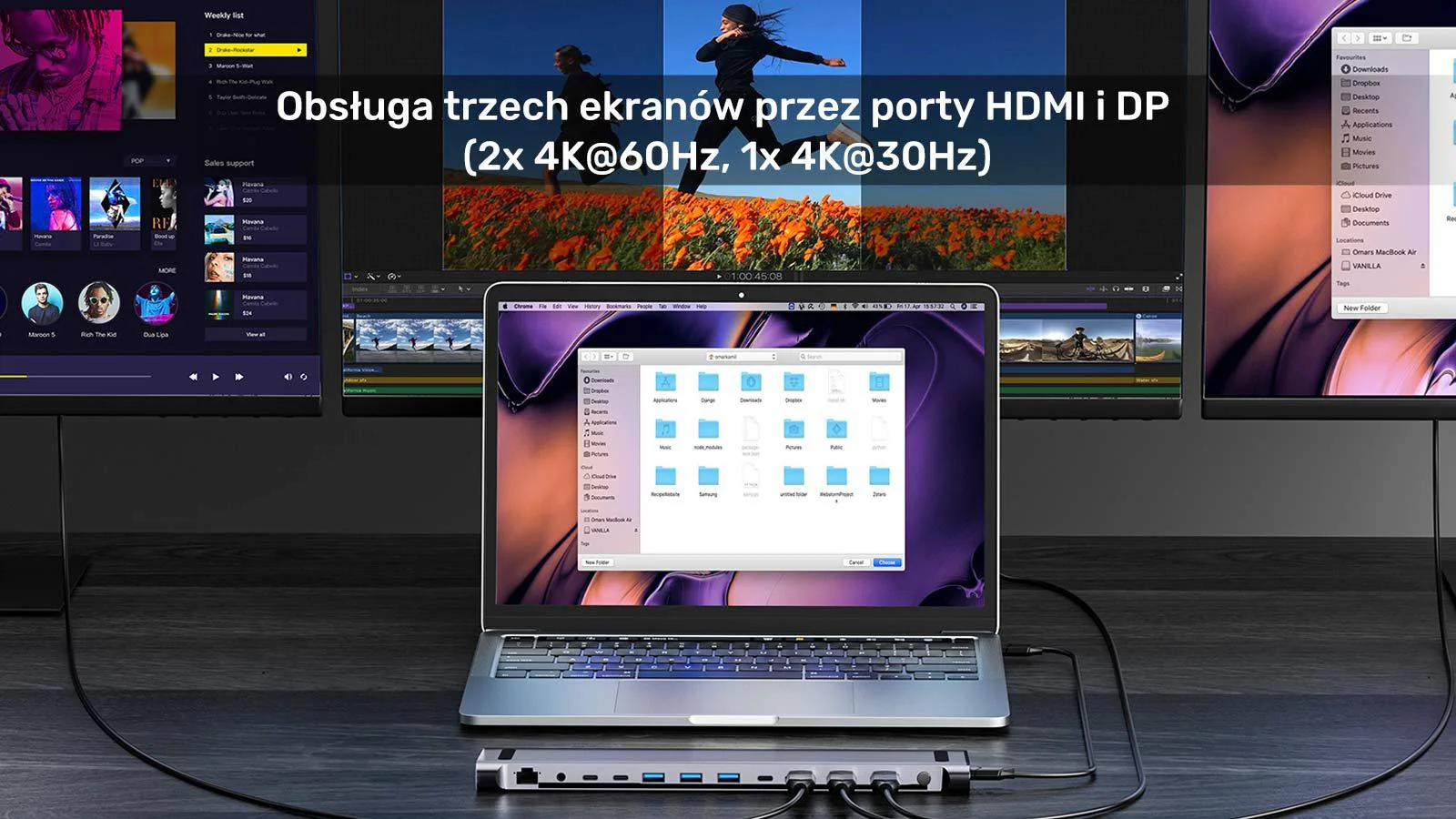 Unitek Stacja dokująca KVM z funkcją podstawki, potrójne wyjście 4K, USB-C, MST, HDMI 2.0