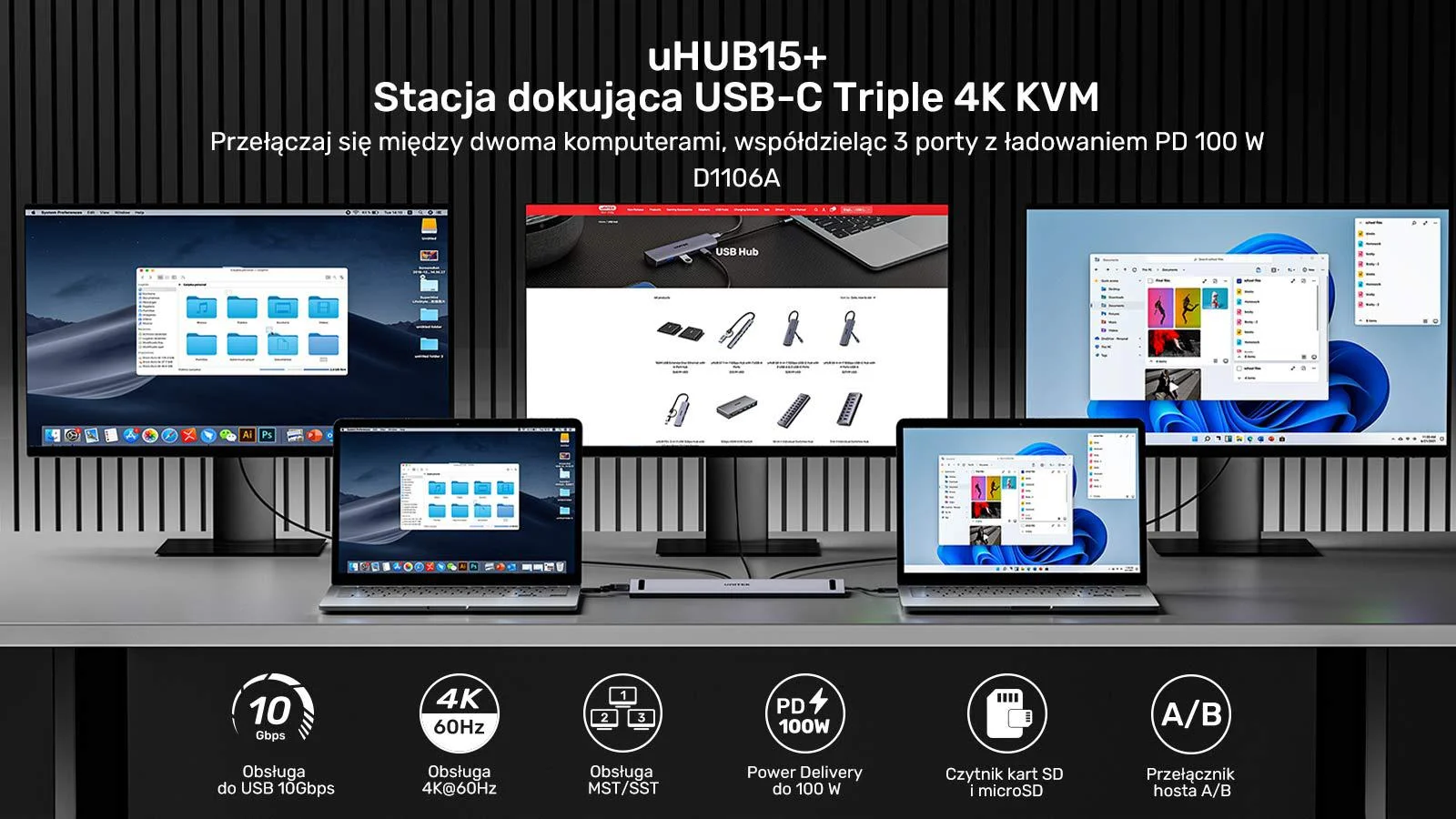 Unitek Stacja dokująca KVM z funkcją podstawki, potrójne wyjście 4K, USB-C, MST, HDMI 2.0
