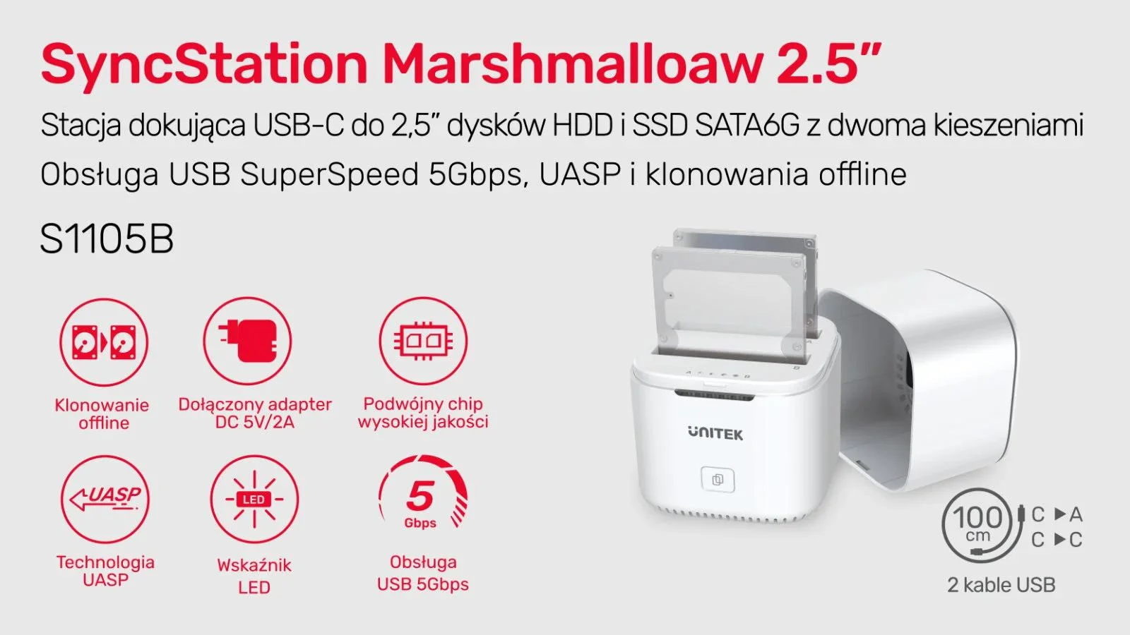 Unitek Stacja klonująca Bay SATA USB3.0 do SATA6G 2,5" z funkcją UASP 5 Gbps