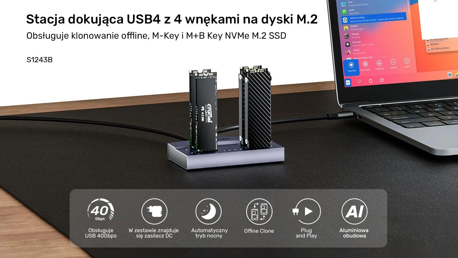 Unitek USB4 4-kieszeniowa stacja dokująca/ klonująca M.2 SSD