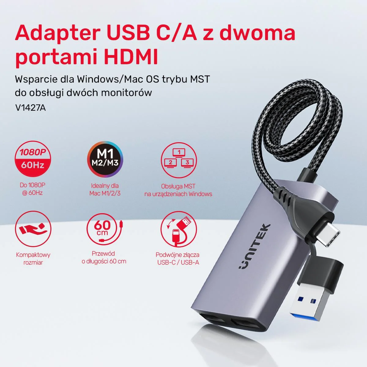 Unitek V1427A01 Adapter USB/C/A na 2x HDMI MST FullHD