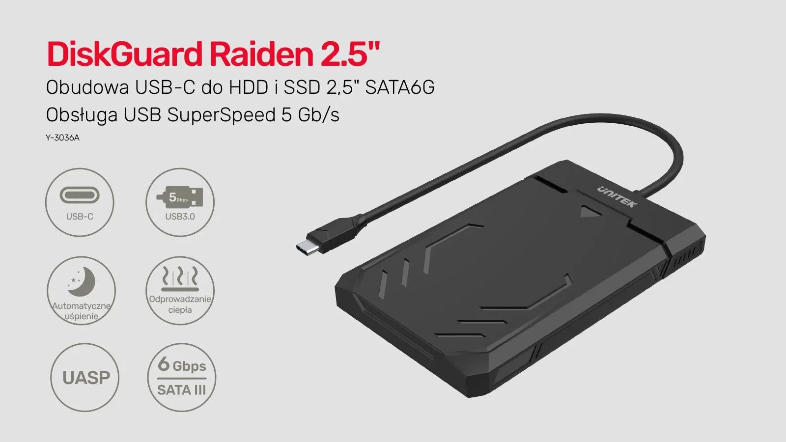 Unitek Y-3036A Obudowa USB-C 6Gbps HDD/SSD SATA UASP