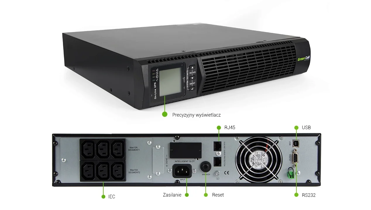 UPS ZASILACZ AWARYJNY Green Cell® 2000VA 1800W DO SZAFY RACK RTII Z WYŚWIETLACZEM LCD UPS14