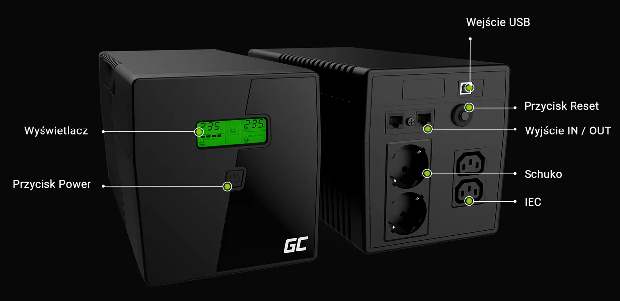 UPS ZASILACZ AWARYJNY Green Cell® MICROSINE 1000VA 700W Z WYŚWIETLACZEM LCD UPS08