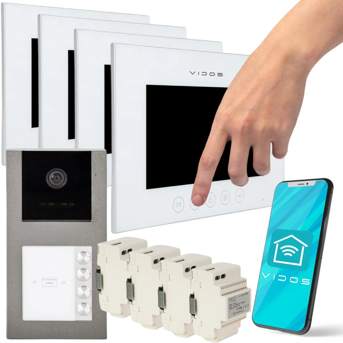 Zestaw wideodomofonowy VIDOS 4xM11W-X/S11-4 z czterema wewnętrznymi monitorami sterującymi LCD i stacją bramową