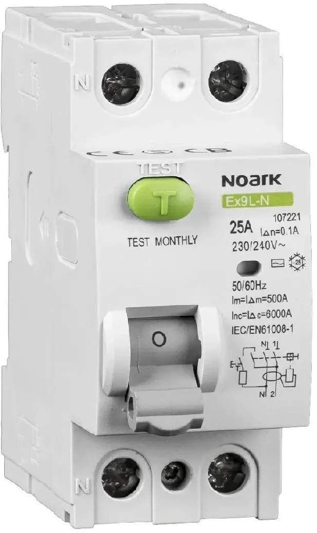 WYŁĄCZNIK RÓŻNICOWOPRĄDOWY, 6 KA, 40A, 30MA, 2P TYP AC EX9L-N Noark 108315