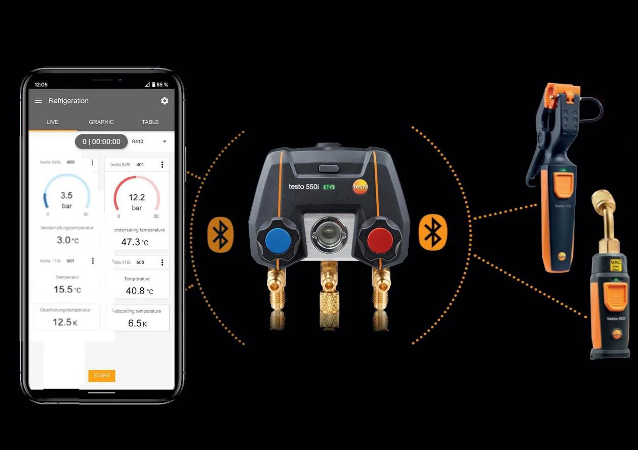 Elektroniczna oprawa zaworowa Testo 550i z bezprzewodowymi, zaciskowymi sondami temperatury (NTC) obsługiwana za pomocą aplikacji - przeznaczwnie i zastosowanie: