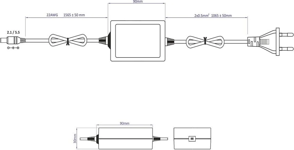 Zasilacz impulsowy desktop do CCTV Voltage 12V 1A 12W wtyk 5,5mm / 2,1mm - wymiary:
