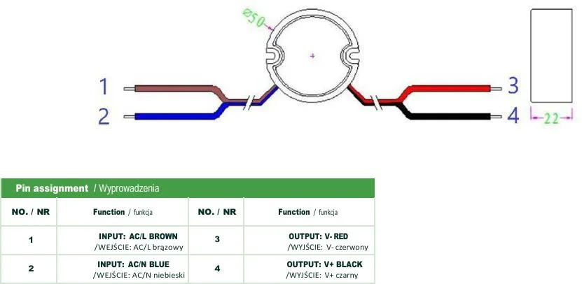 Zasilacz impulsowy dopuszkowy hermetyczy Voltage 12V 1,66A 20W IP67 50mm - wymiary: