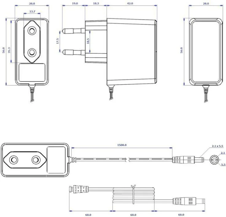 Zasilacz impulsowy wtyczkowy do CCTV Voltage 12V 1A 12W wtyk 5,5mm / 2,1mm - wymiary: