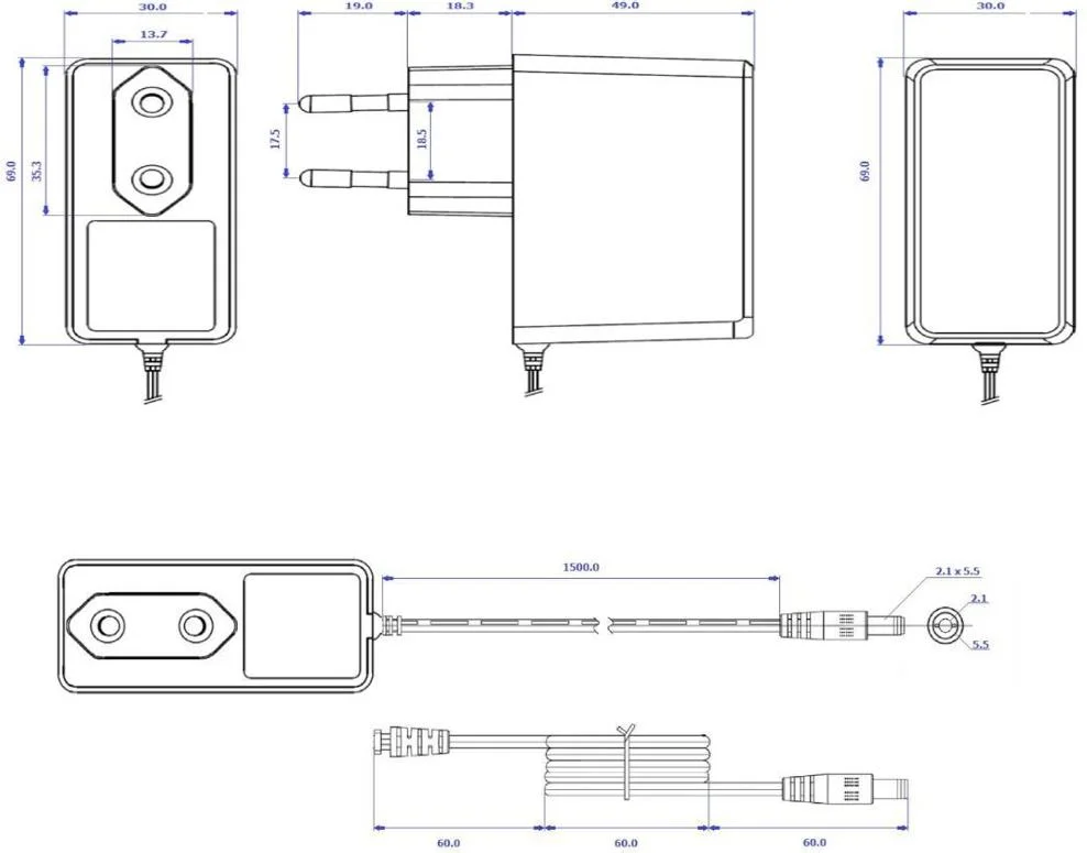 Zasilacz impulsowy wtyczkowy do CCTV Voltage 12V 2A 24W wtyk 5,5mm / 2,1mm - wymiary: