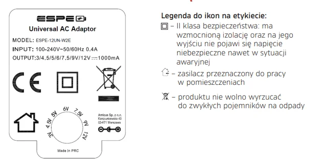 ZASILACZ WTYCZKOWY 3-12V 1A 1m. 3V 4,5V 5V 6V 7,5V 9V 12VDC REGULOWANY ESPE