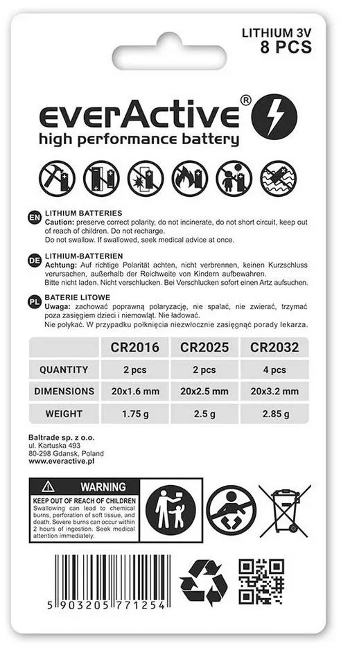 zestaw 8 baterii 30v 4x cr2032 2x cr2025 2x cr2016 everactiv 881eaa5b912a4fdeafd1b3a92fc2c6b7