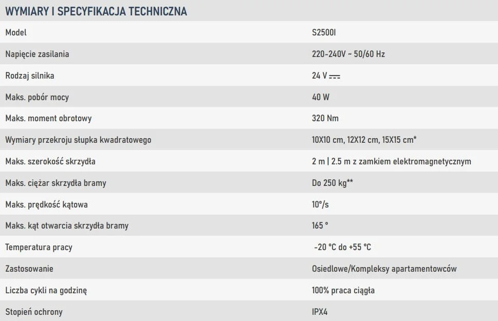 Zestaw FAAC S2500I do 5m bram dwuskrzydłowych (kolor RAL7021)