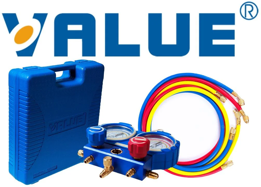 Zestaw manometrów VALUE R-32/R-410a/R-407c/R-134 - kompletny zestaw akcesoriów w trwałej walizce: