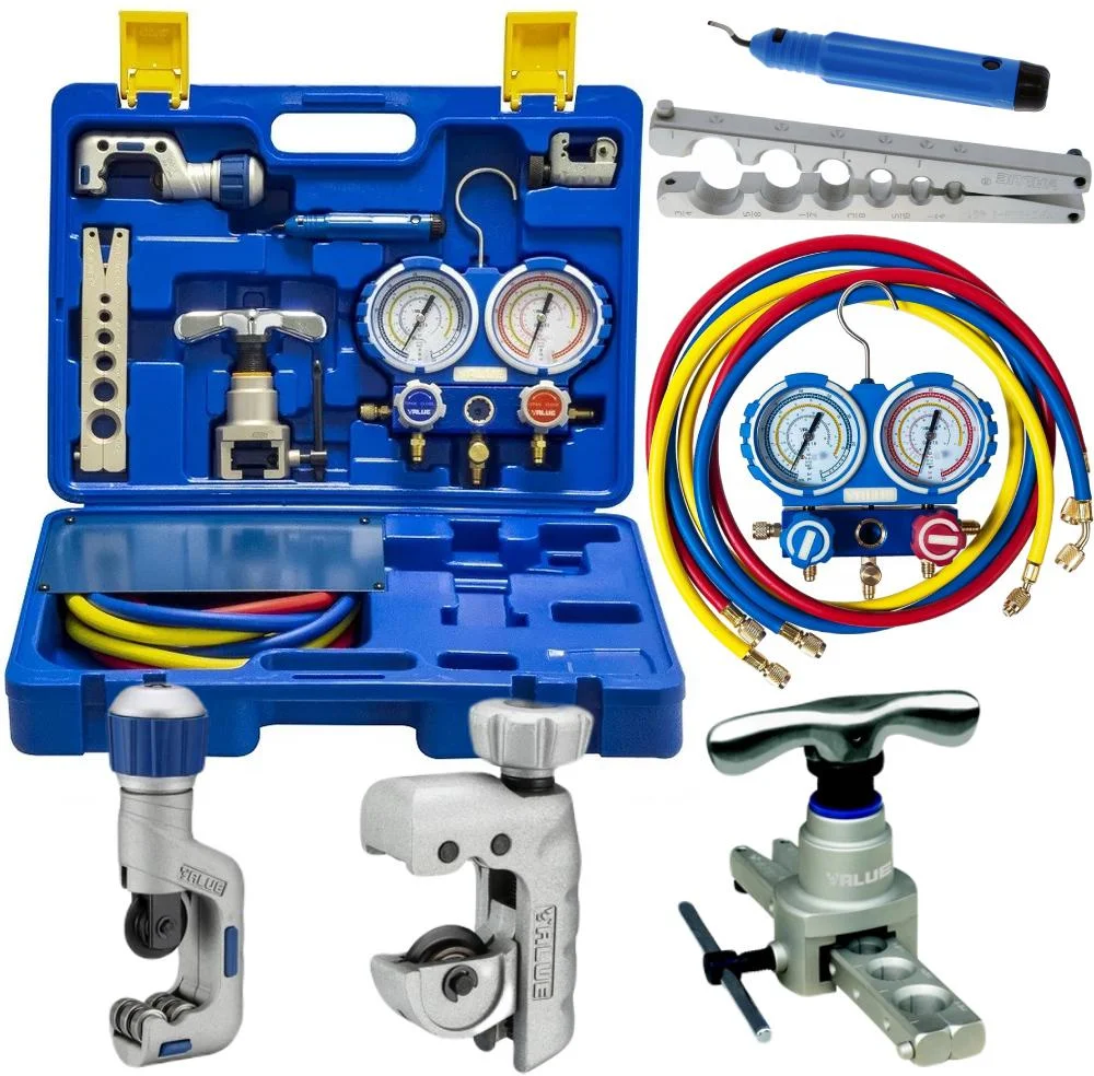 Zestaw narzędzi serwisowych do klimatyzacji z manometrami VALUE VTB-5B-I Set - najważniejsze cechy kompletu: